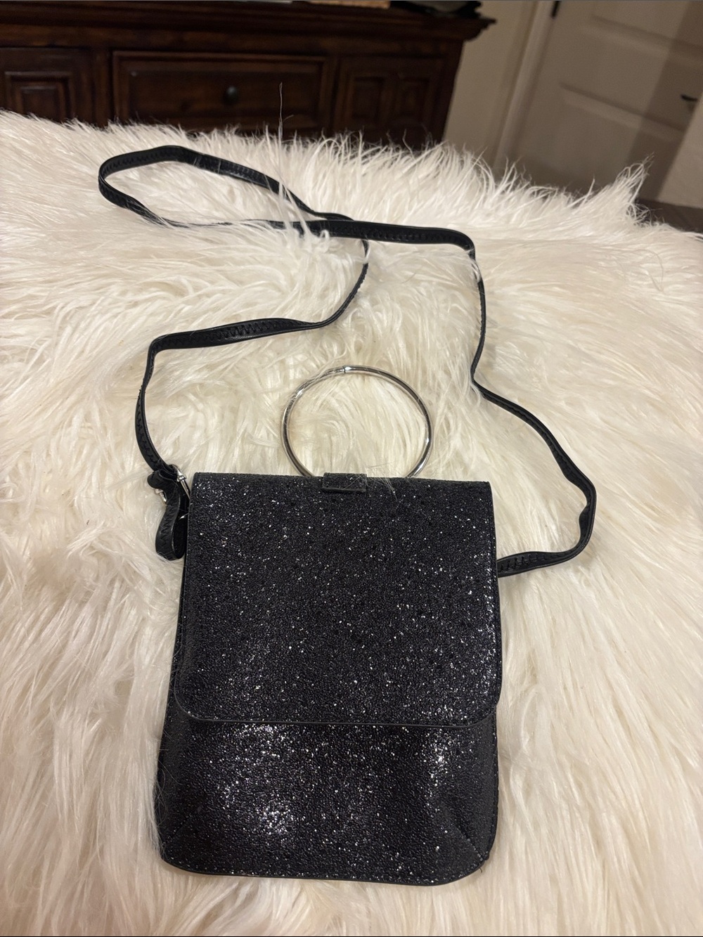 Black Glitter Crossbody Bag with Silver Ring Handle